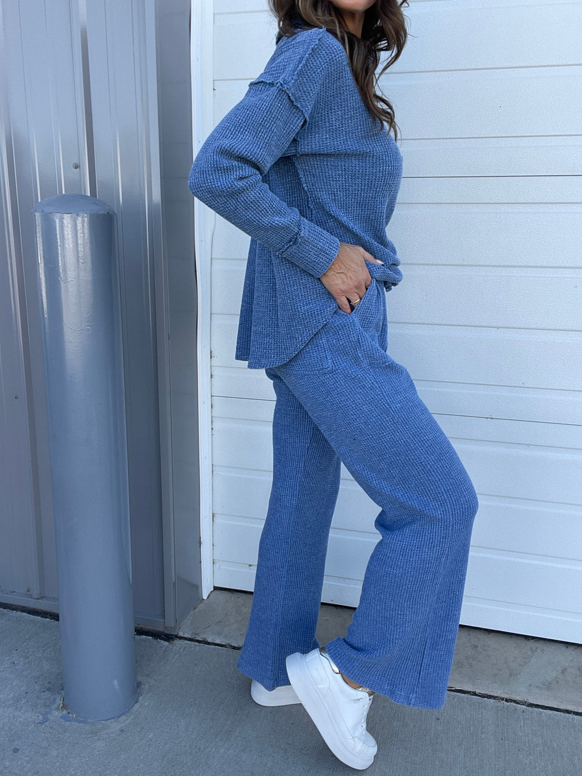On To The Weekend Cotton Waffle Knit Straight Leg Casual Pants In 3 Colors: Black, Brown, Blue
