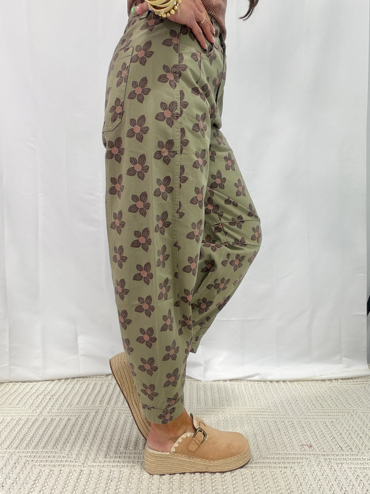 Picture This Flower Print Barrel Pants In Olive