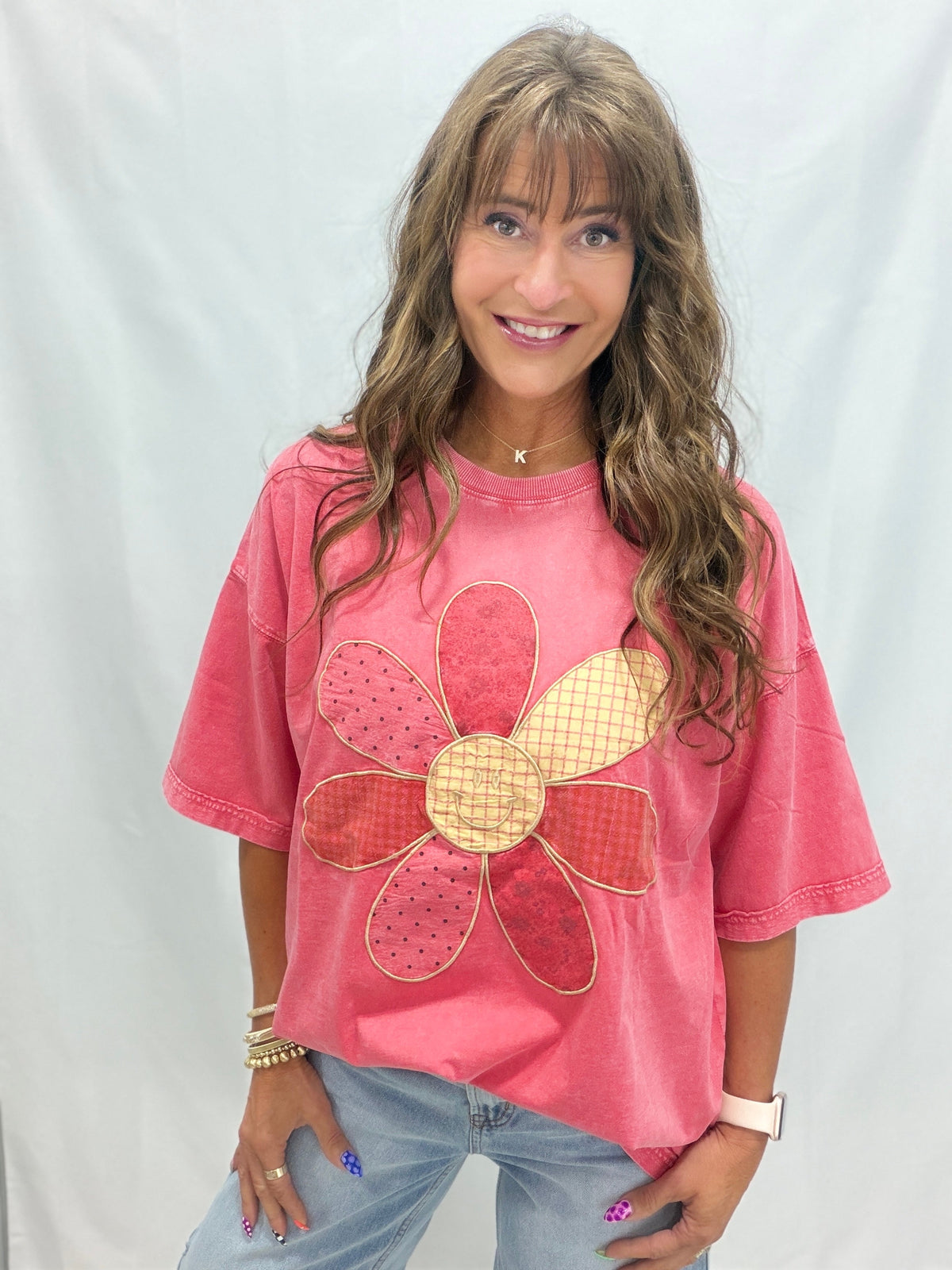Take The Hint Floral Smiley Face Patch Top In 2 Colors