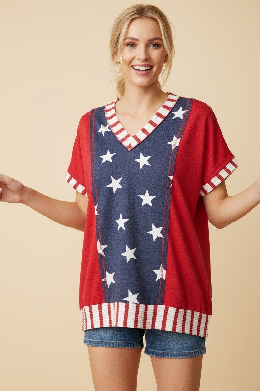 Pre-Order Star Print V-Neck Knit Top In Red *Final Sale*