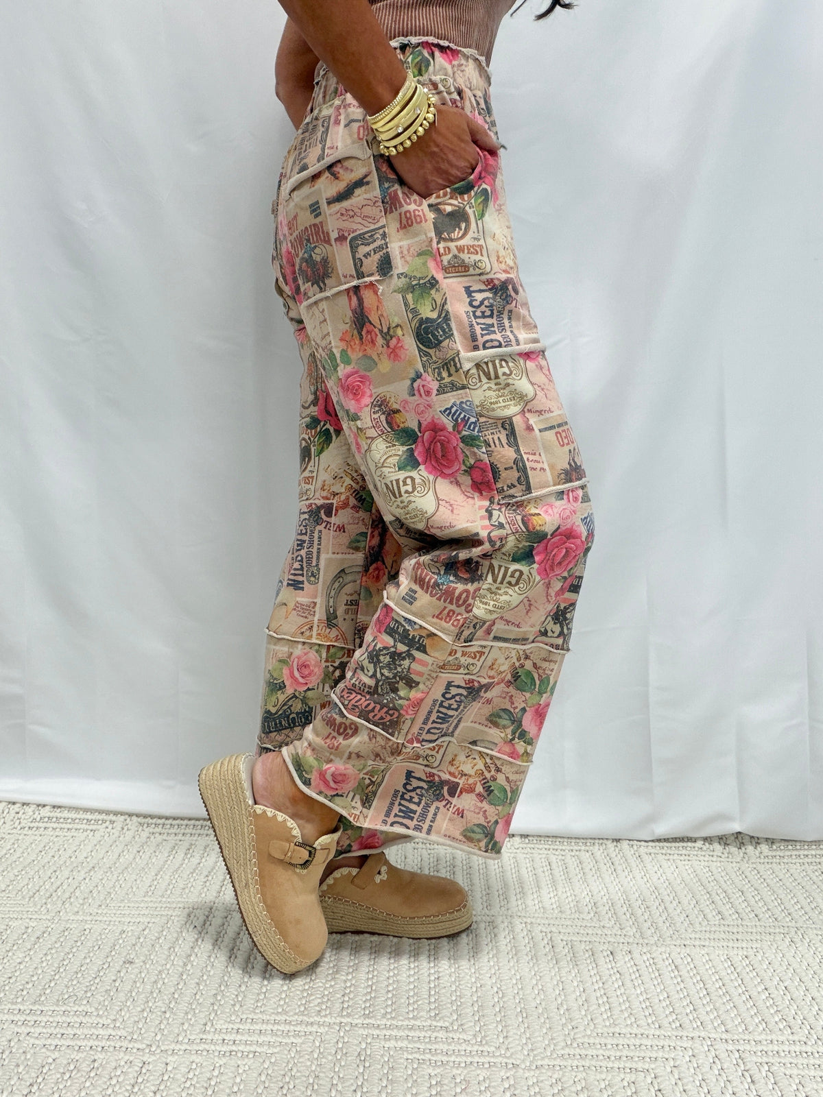 In The Wild West Vintage-Inspired Collage Lounge Pants In Taupe Multi