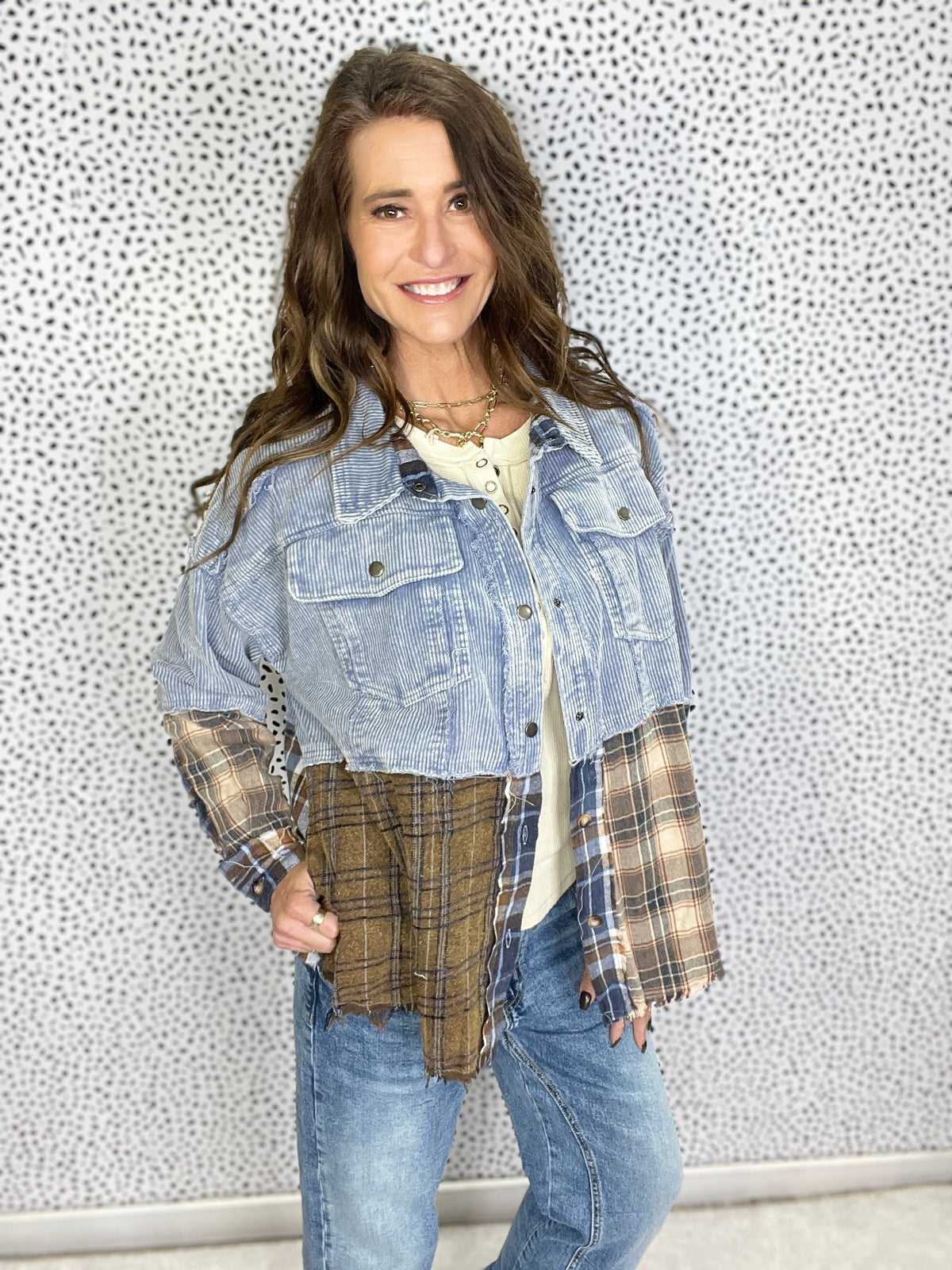 Oli & Hali Be Wild Washed Denim Plaid Color Block Jacket In 2 Colors