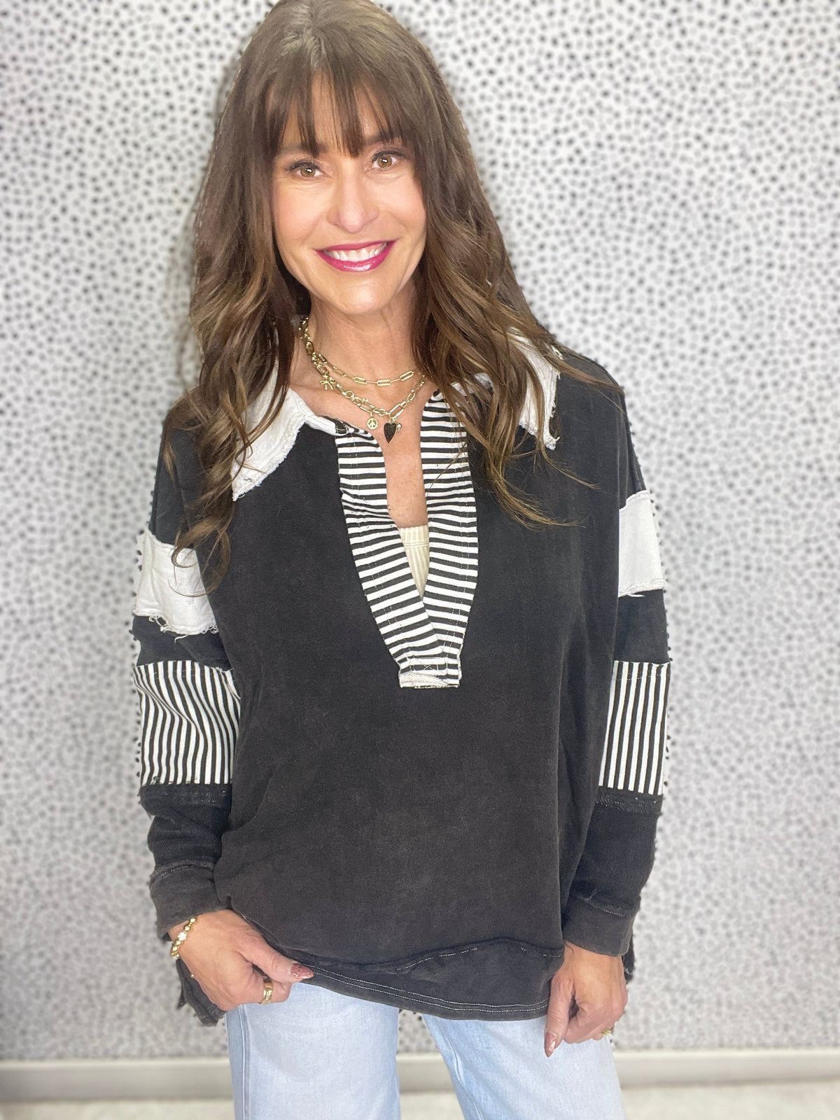 Cherished Dreams Washed Multi Fabric Collar T-Shirt In Black *Final Sale*