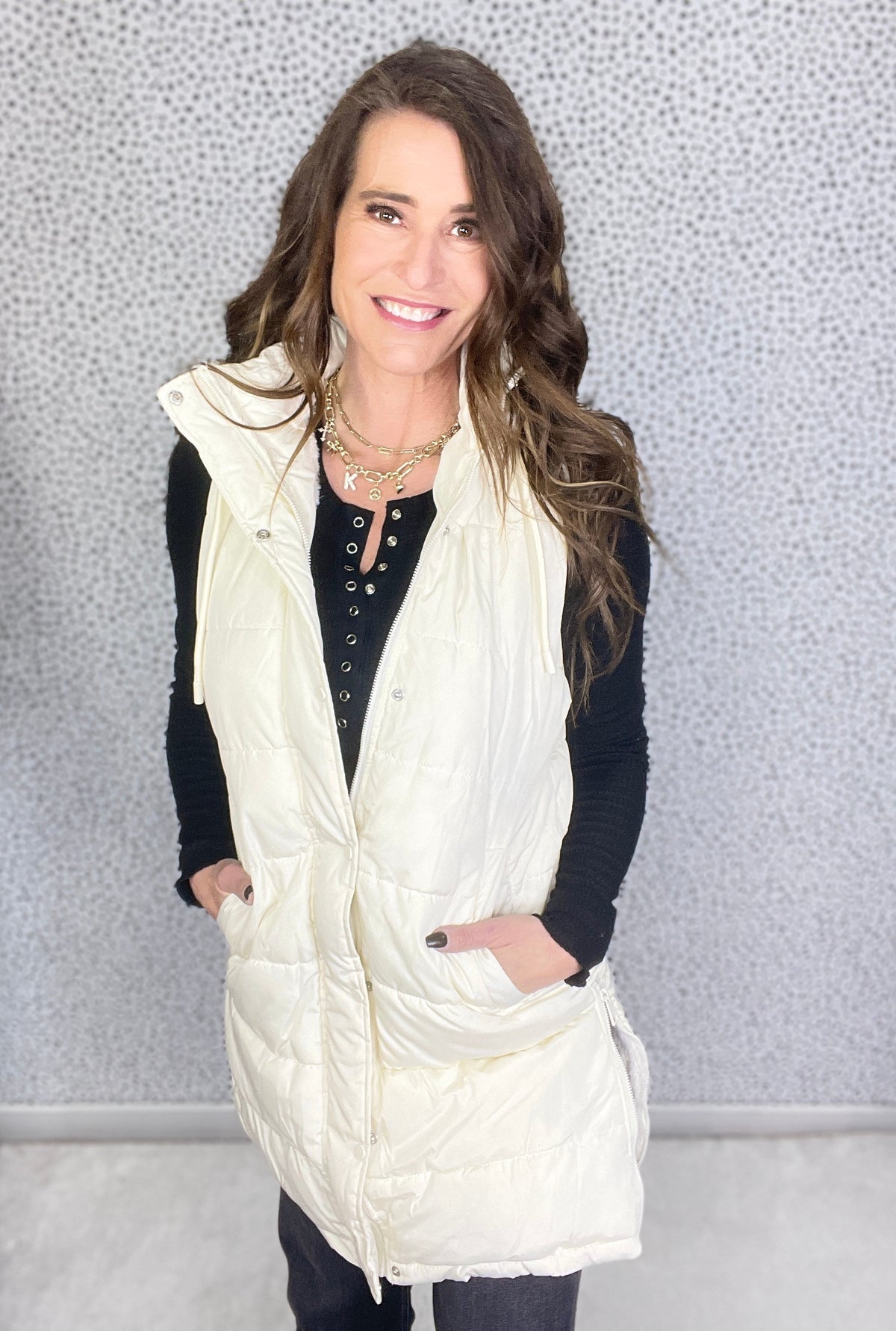 Follow Me Long Puffer Hooded Lined Vest In Ivory *Final Sale*