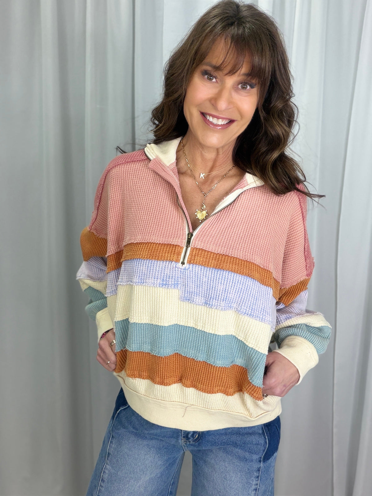 Oli & Hali Go Right Through Color Thermal Knit Block Pullover In Pink *Final Sale*