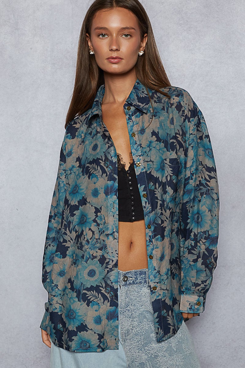 POL Flower Flow Blouse In Navy Multi