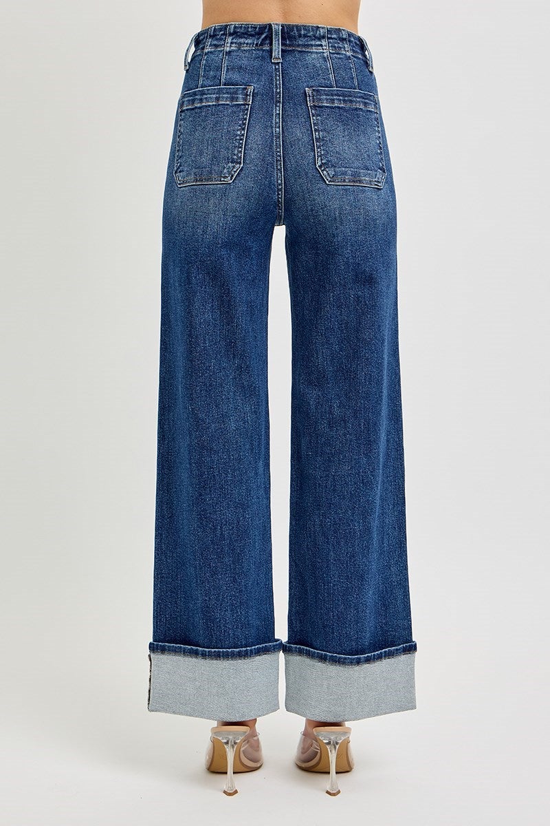 Risen Cindy High Rise Wide Bottom Button Down Front Patch Pocket Cuffed Jeans 965