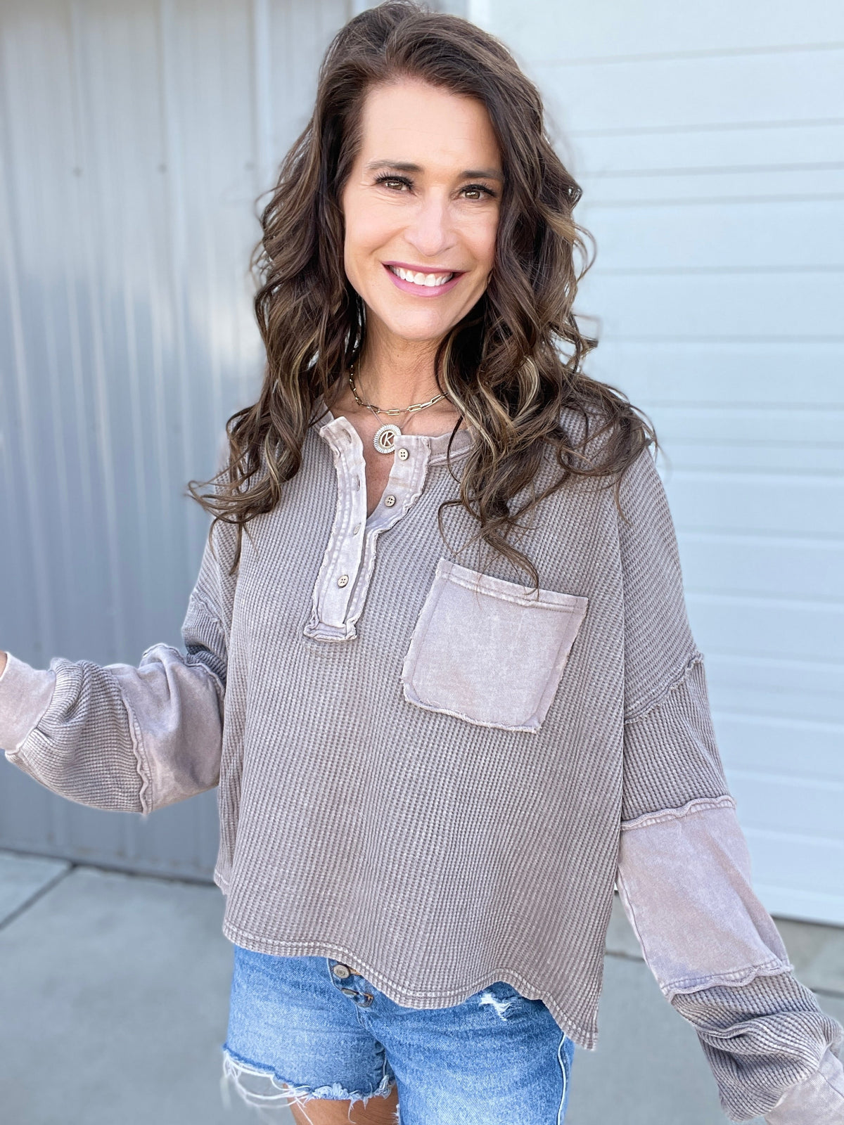 Step Right Up Thermal Mix Top In 3 Colors: Brown, Rose, Khaki *Final Sale*