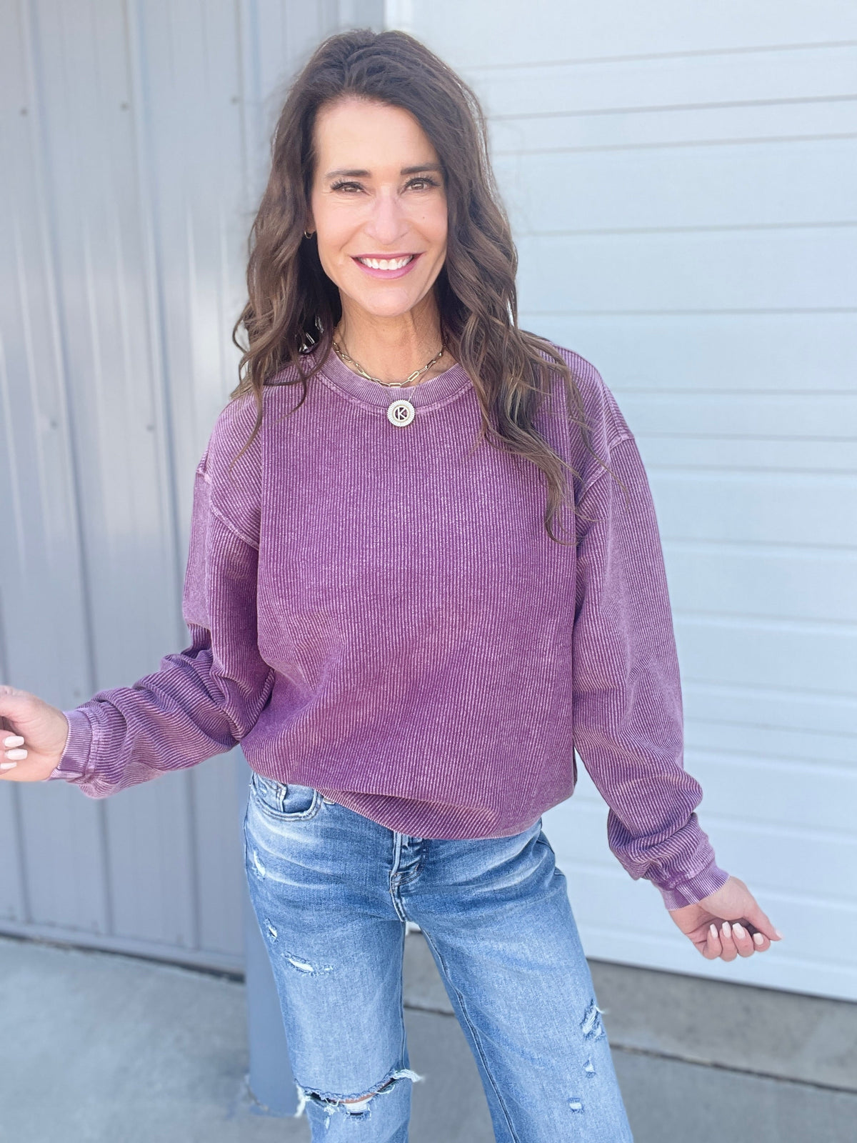 Italian Plum Snow Washed Corded Crewneck Pullover Sweatshirt