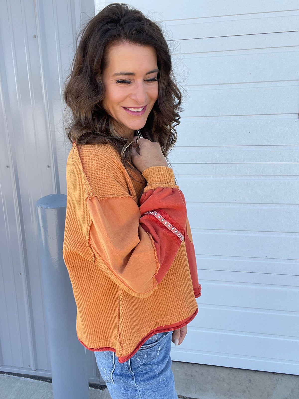 Pol Imaginary Friends Lace Trim Knit Top In Harvest Orange *Final Sale*