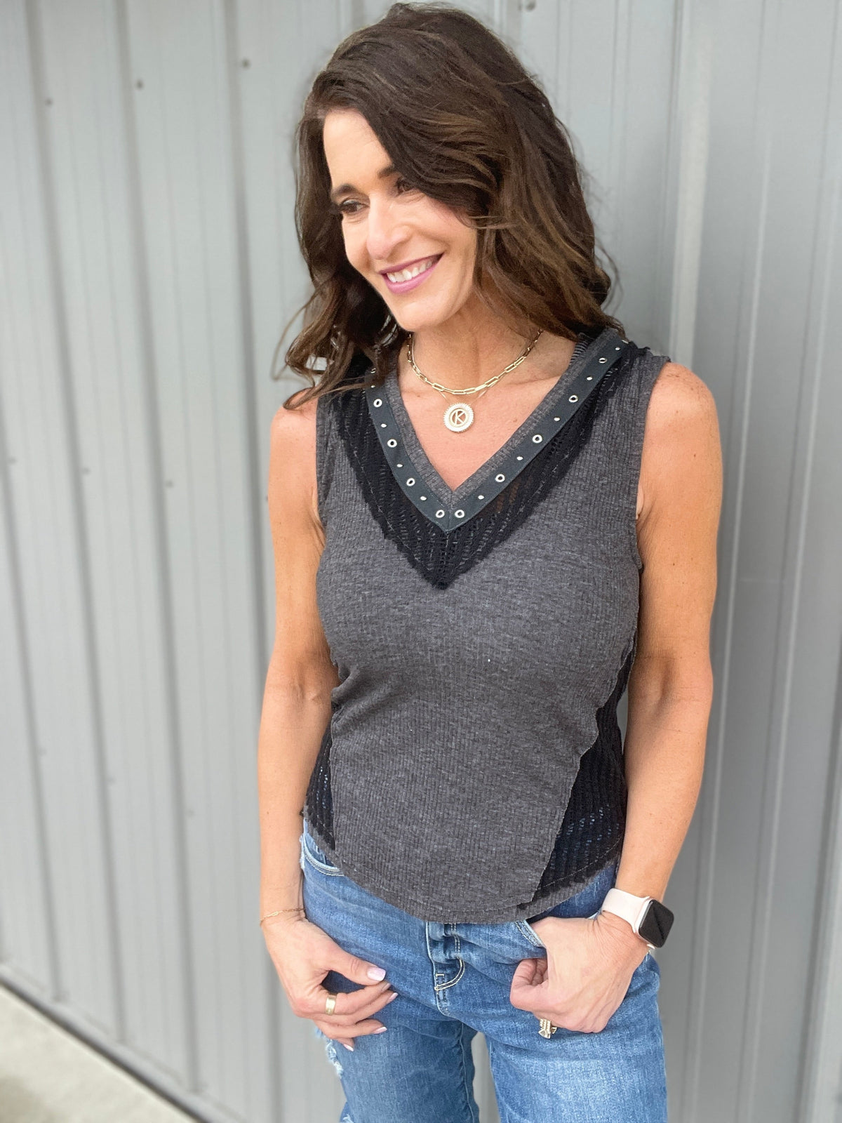 Pol Rock And Roll Sleeveless Top In Charcoal *Final Sale*