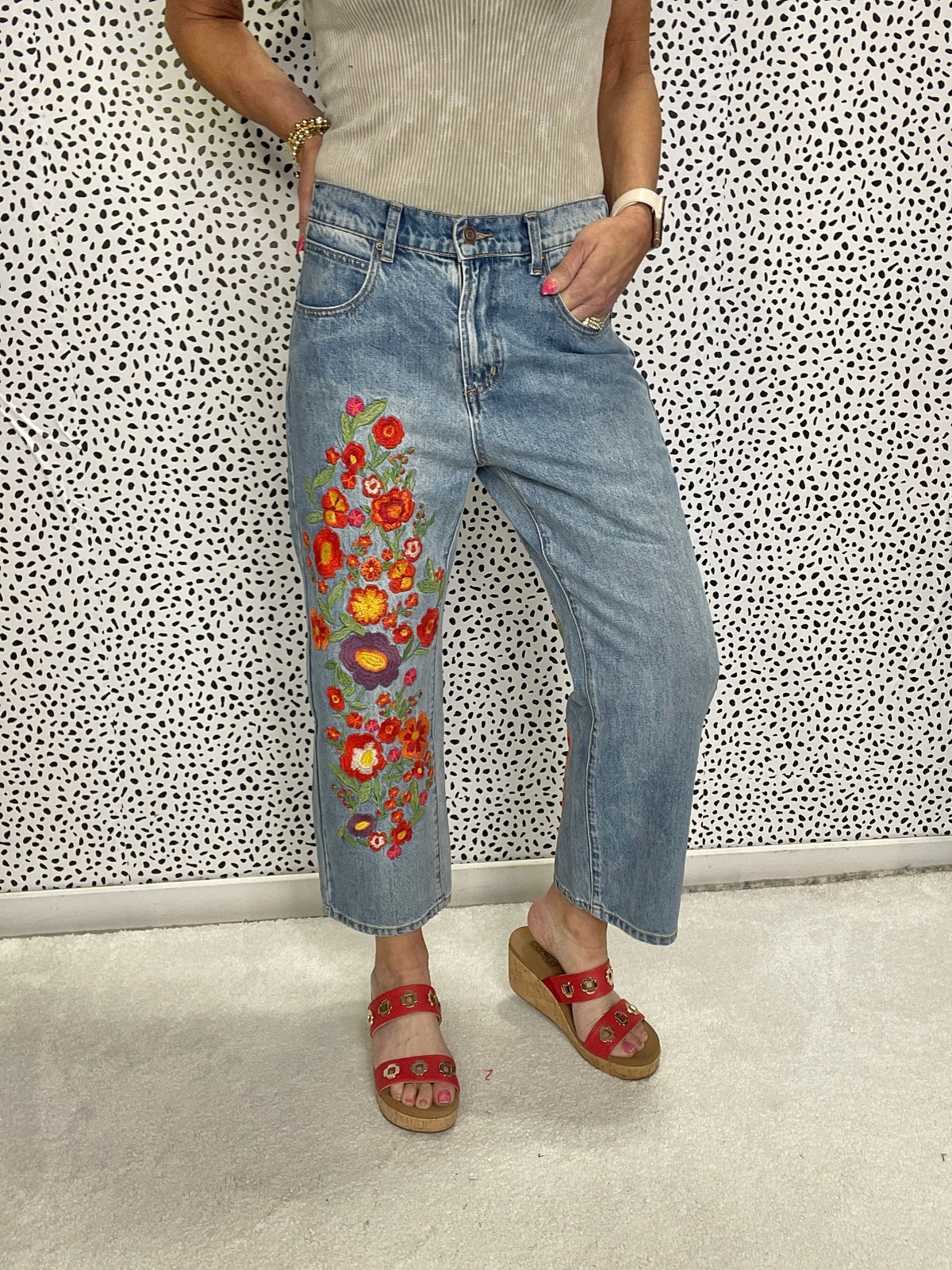 Oli & Hali Rachelle Washed Flower Embroidered Jeans 001 In Denim *Final Sale*