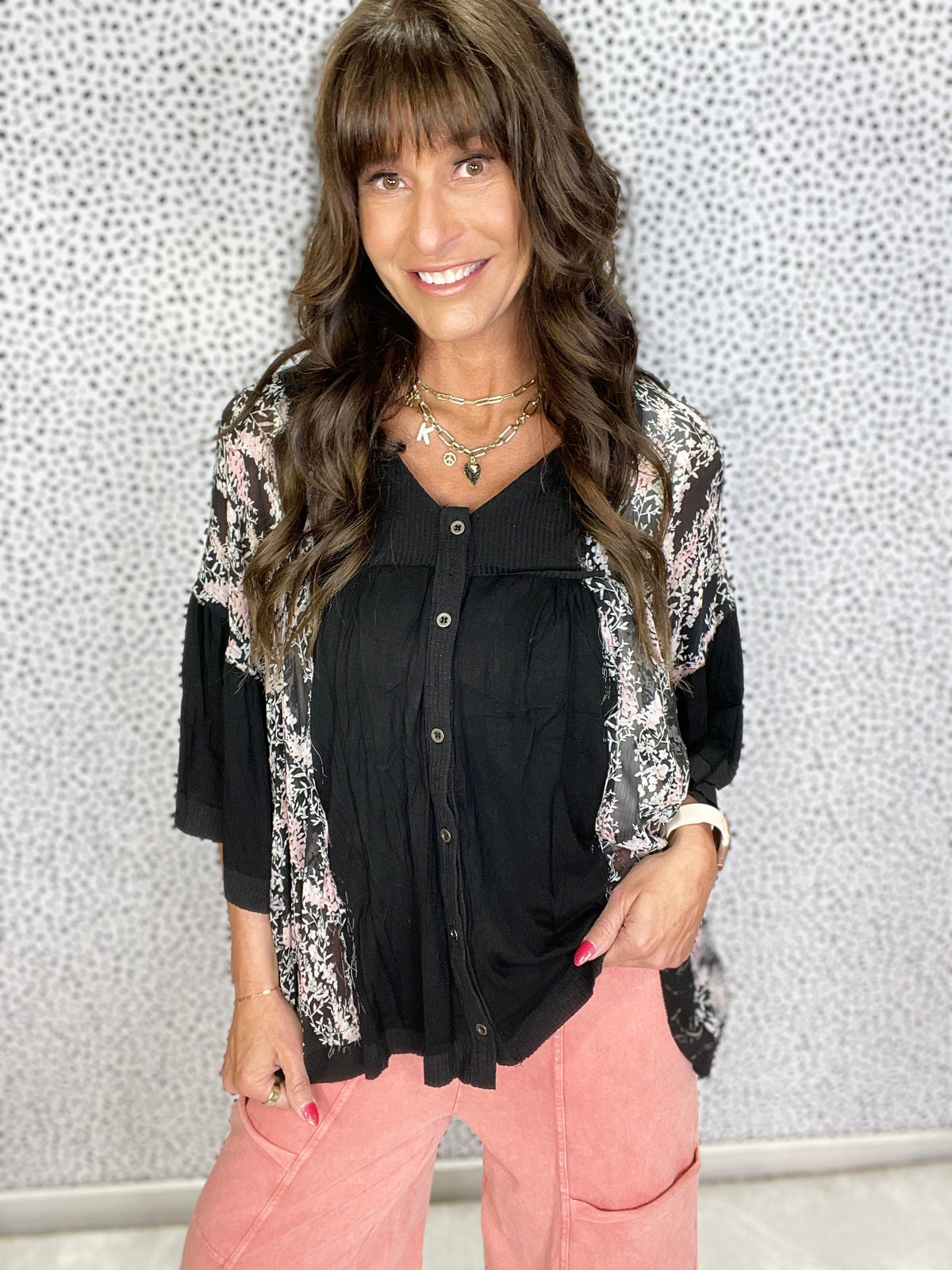 Pol Flora Breeze Mixed Hoodie Top in 2 Colors