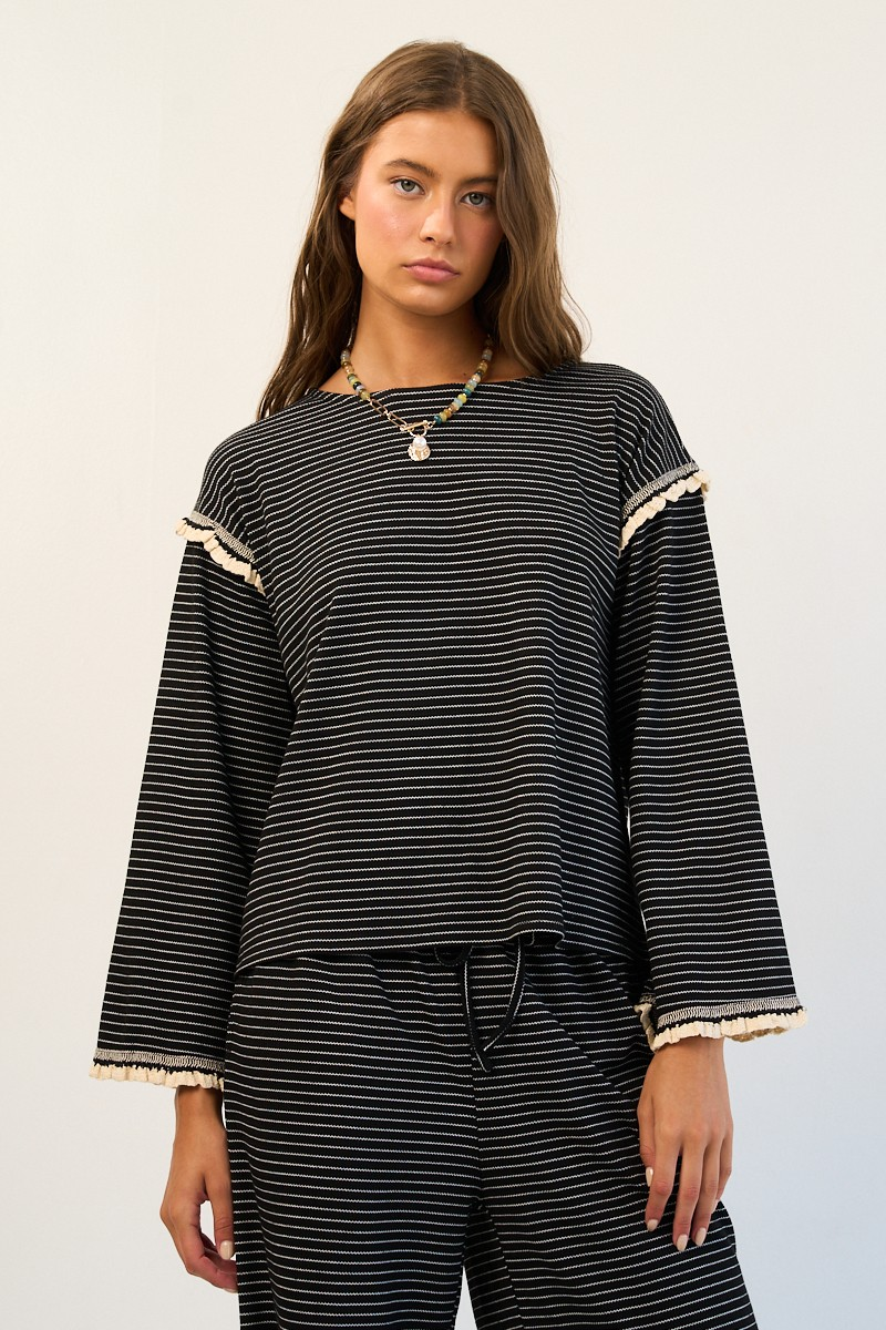 Striped Ruffle Knit Long Sleeve Top In Black