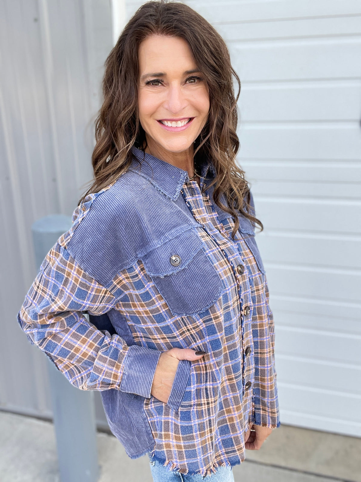 Return To Grace Plaid Mix Corduroy Shacket