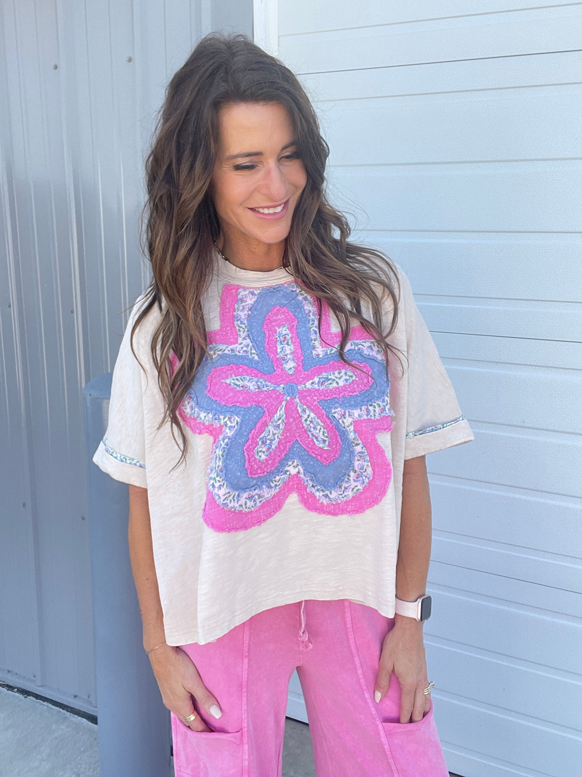 Bloom With Love Flower Patch Top In 6 Colors: Cream, Khaki, Slate, Magenta, Green, Pink *Final Sale*