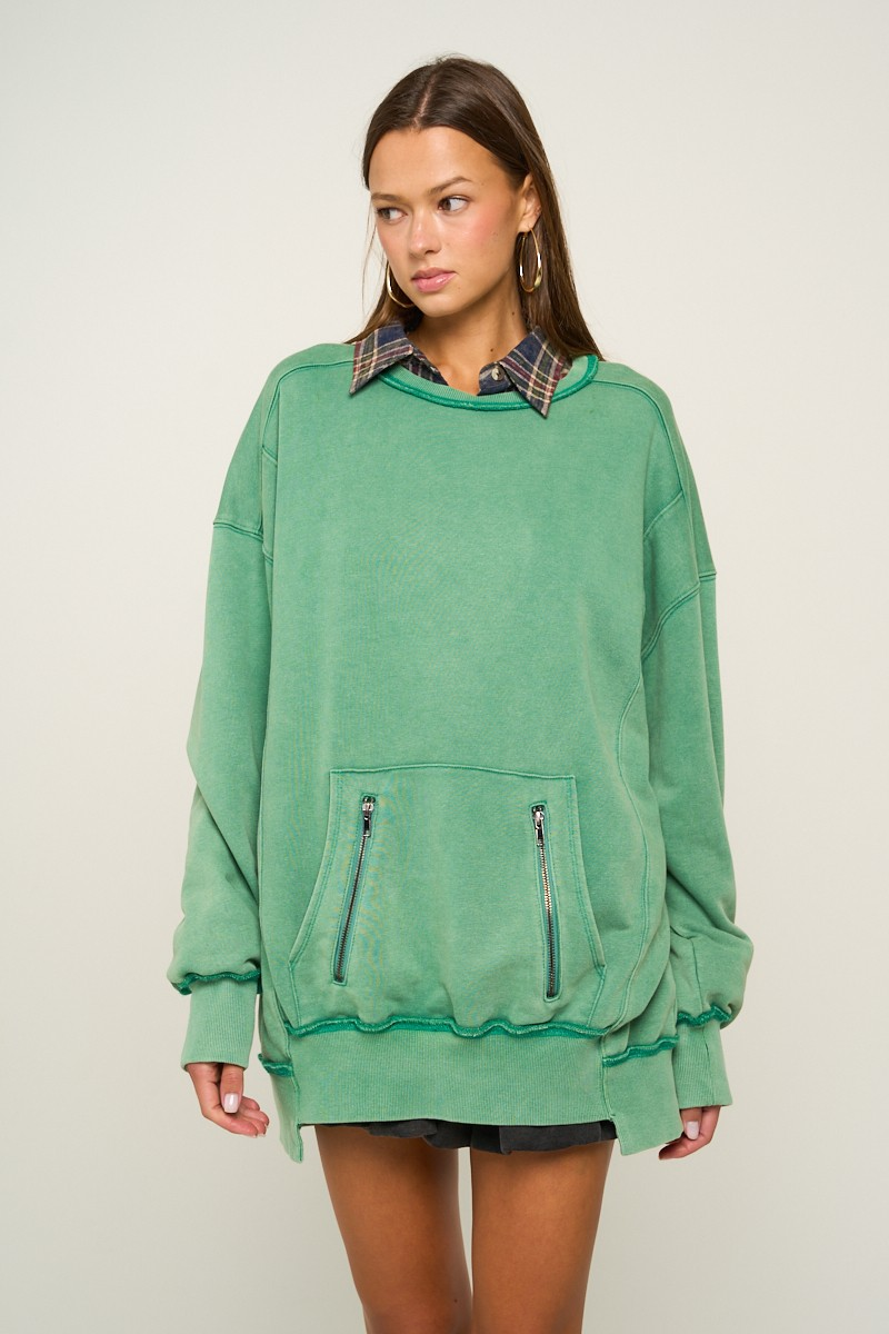 Washed Zipper Pocket Crewneck In 2 Colors