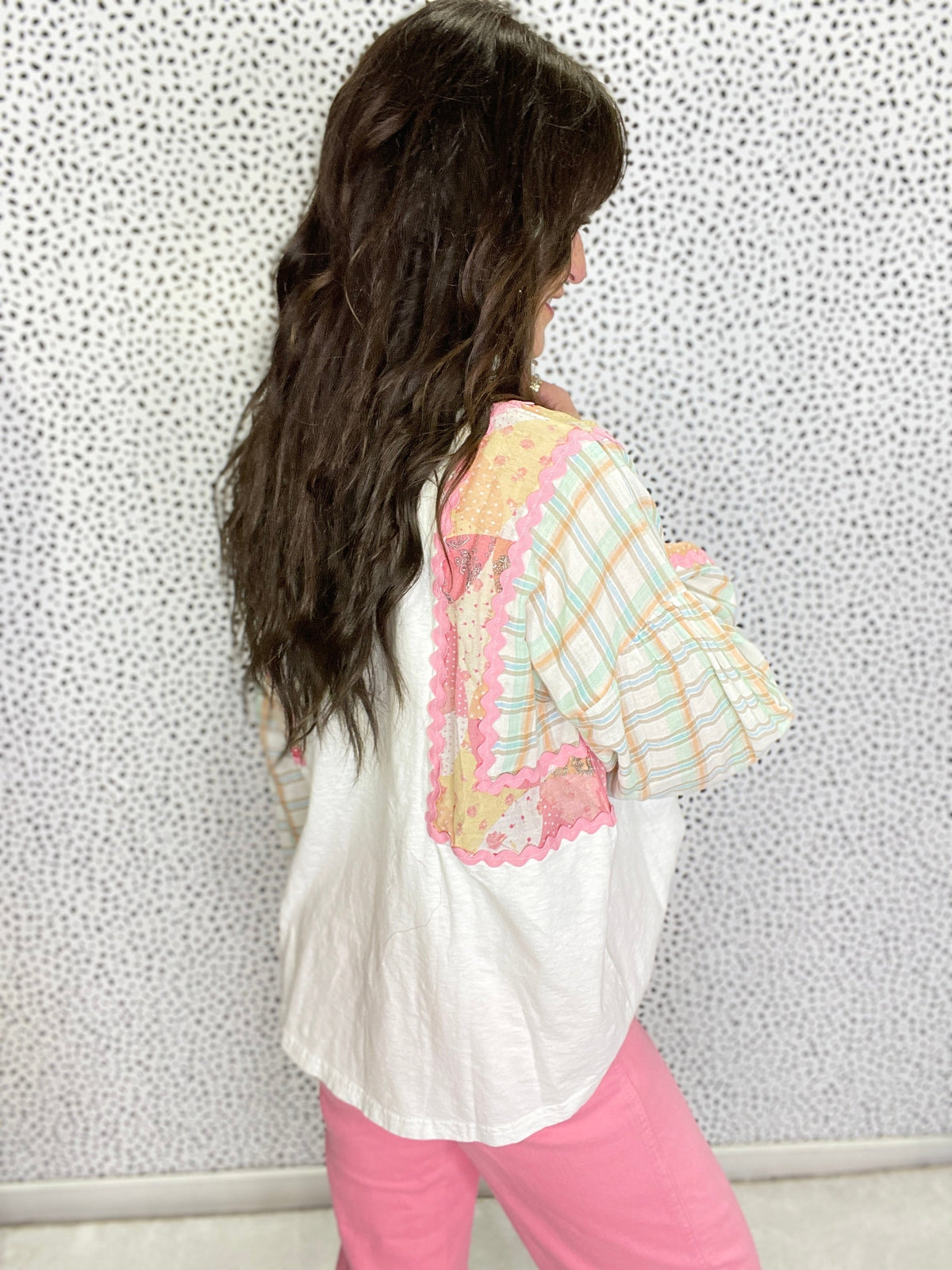Work And Play All Day Long Sleeve Print Mix Top In 2 Colors
