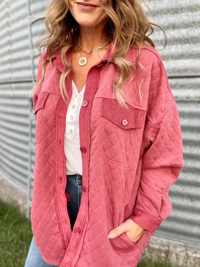 All I Need Oversized Quilted Knit Shacket In Marsala *Final Sale*
