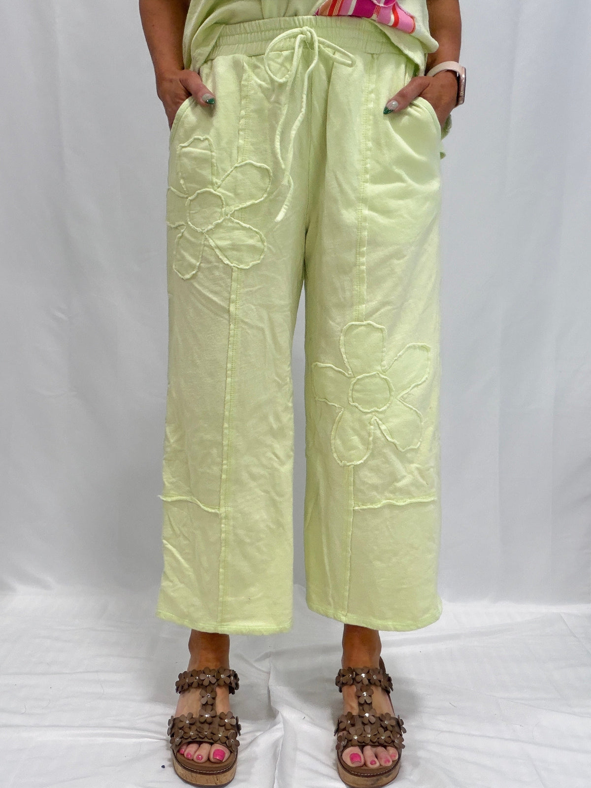 Solid Double Flower Patched Washed Pants In 2 Colors