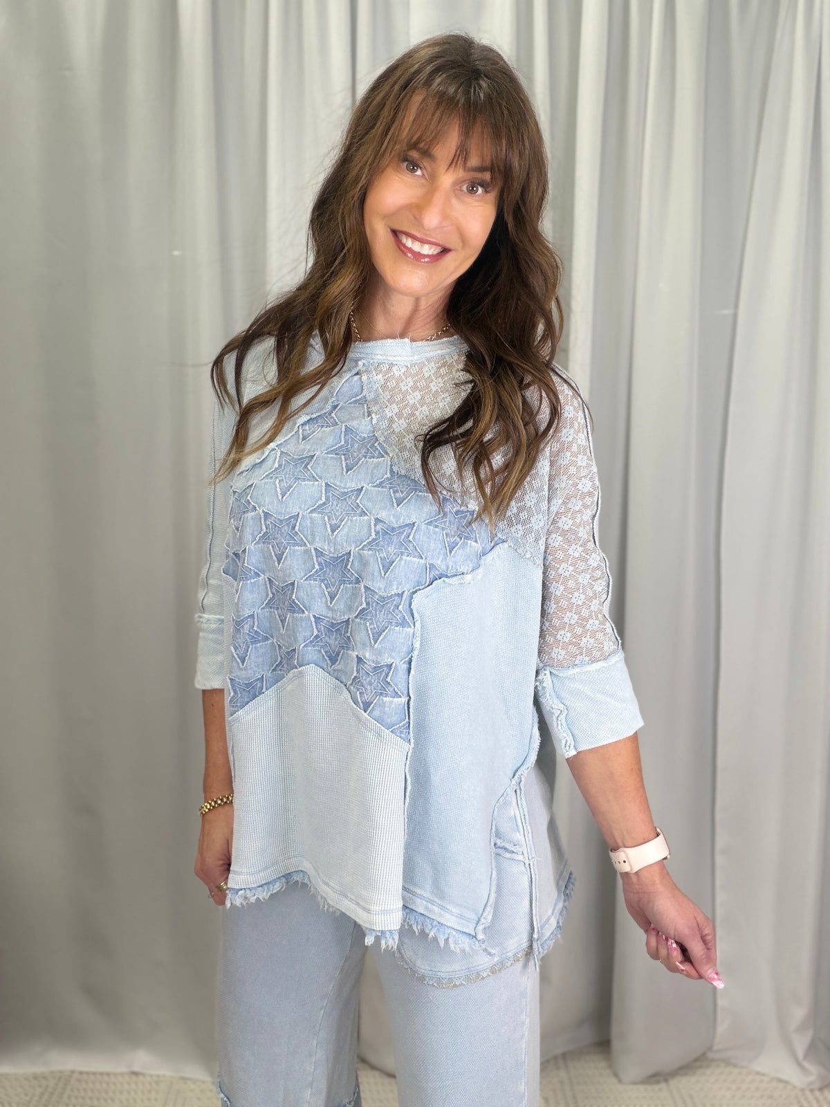 Star Patchwork Quarter Sleeve Top In 3 Colors
