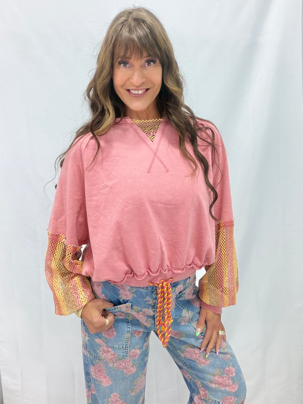 Oli & Hali Sunset Daydream Mesh Sleeved Pullover In Pink