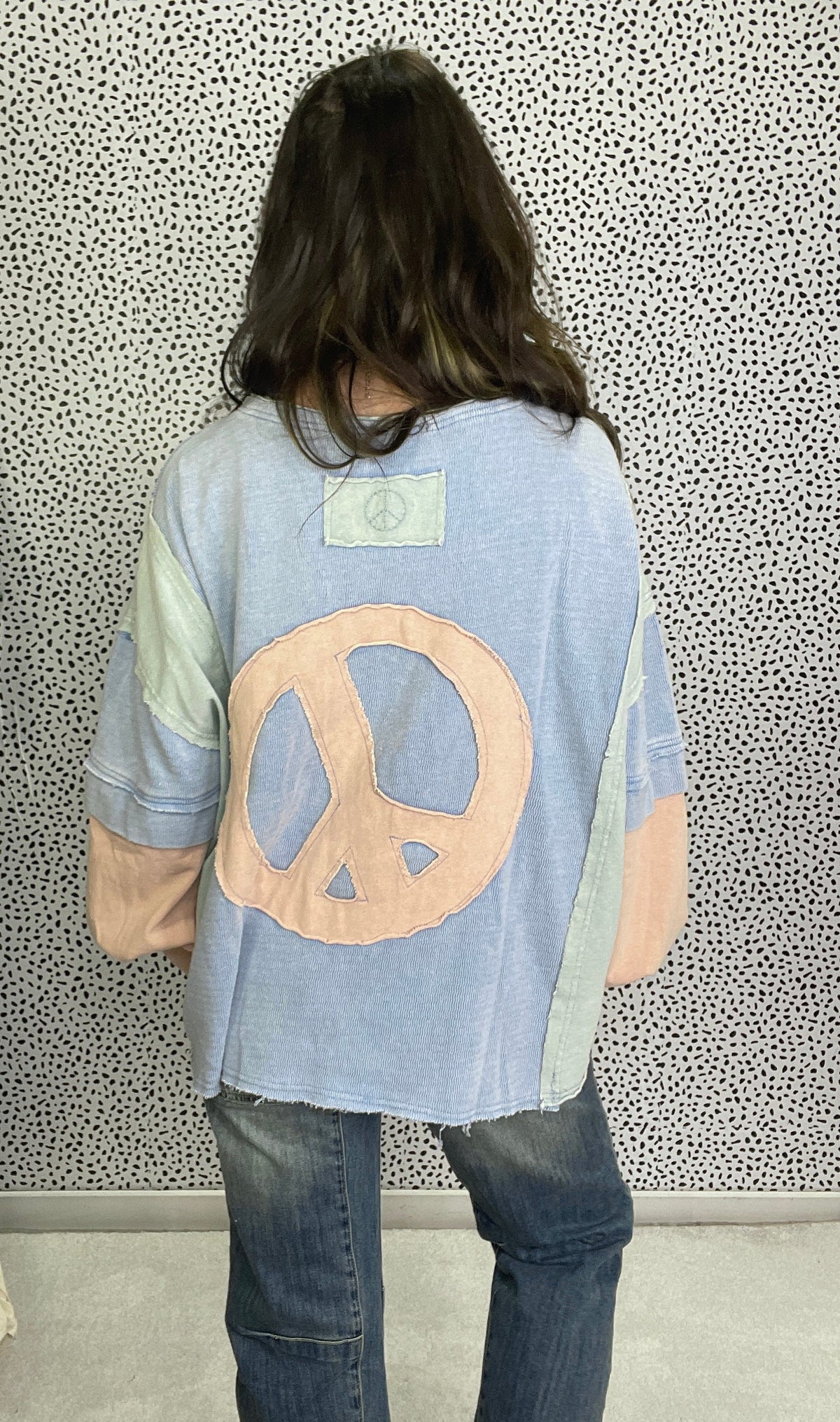 Peace Of You Back Patch Long Sleeve Top In Blue