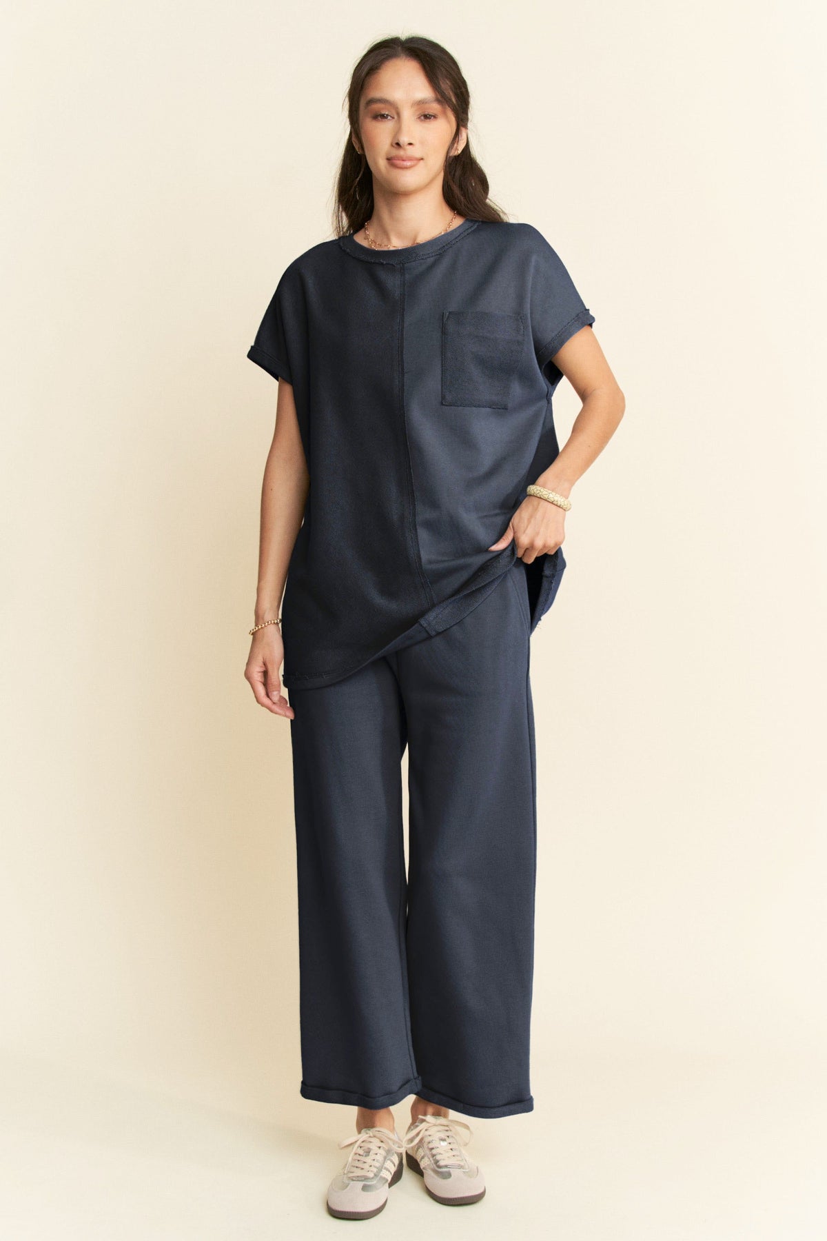 Terry Mixed Top Elastic Waistband Long Pants Set In 3 Colors *Final Sale*