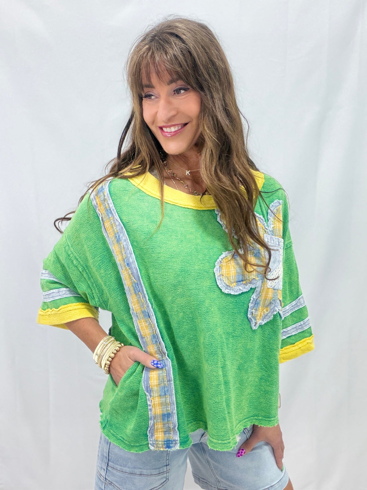 Oli & Hali Boho Bloom Patchwork Knit Top In 2 Colors