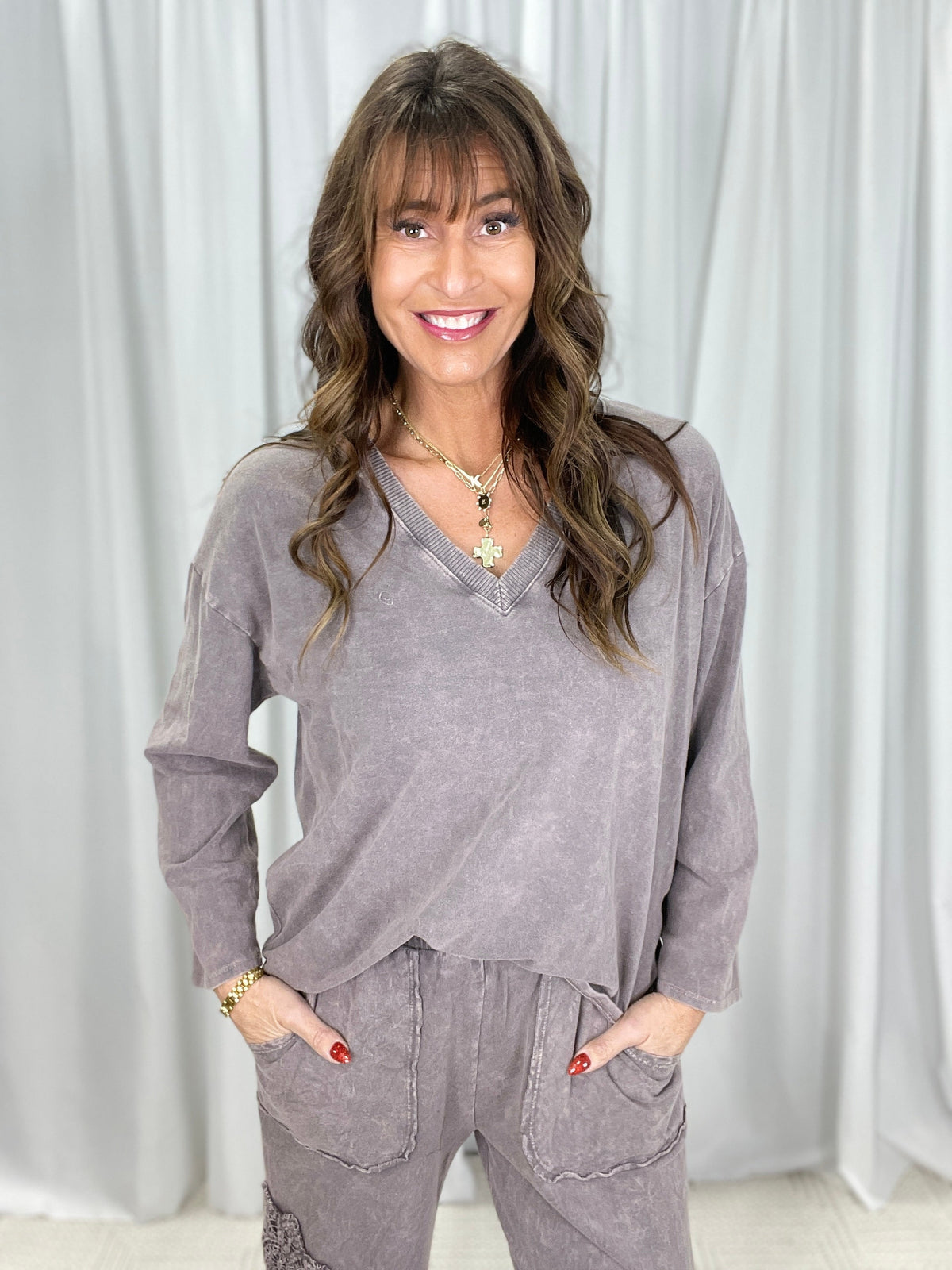 Down The Line V-Neck Long Sleeve Top In 11 Colors