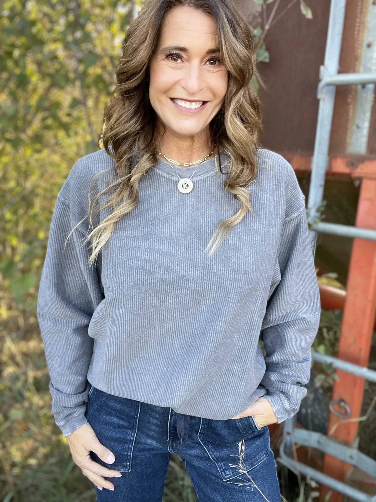Snow Washed Essential Corded Crew Sweatshirt in Washed Black