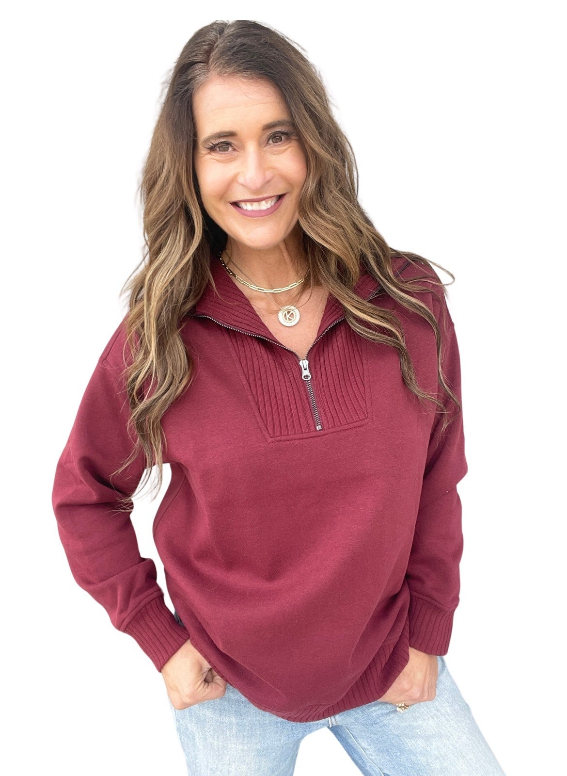 Connect With Me Ribbed Details Quarter Zip Pullover