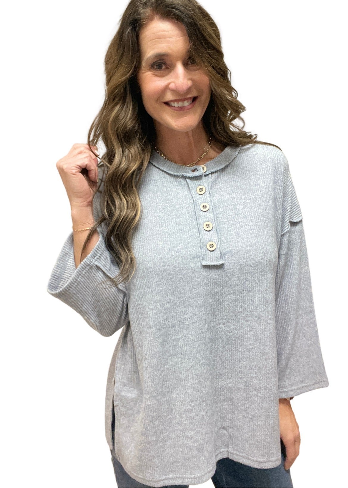 Button Me Up Brushed Ribbed Top in Heather Grey *Final Sale*