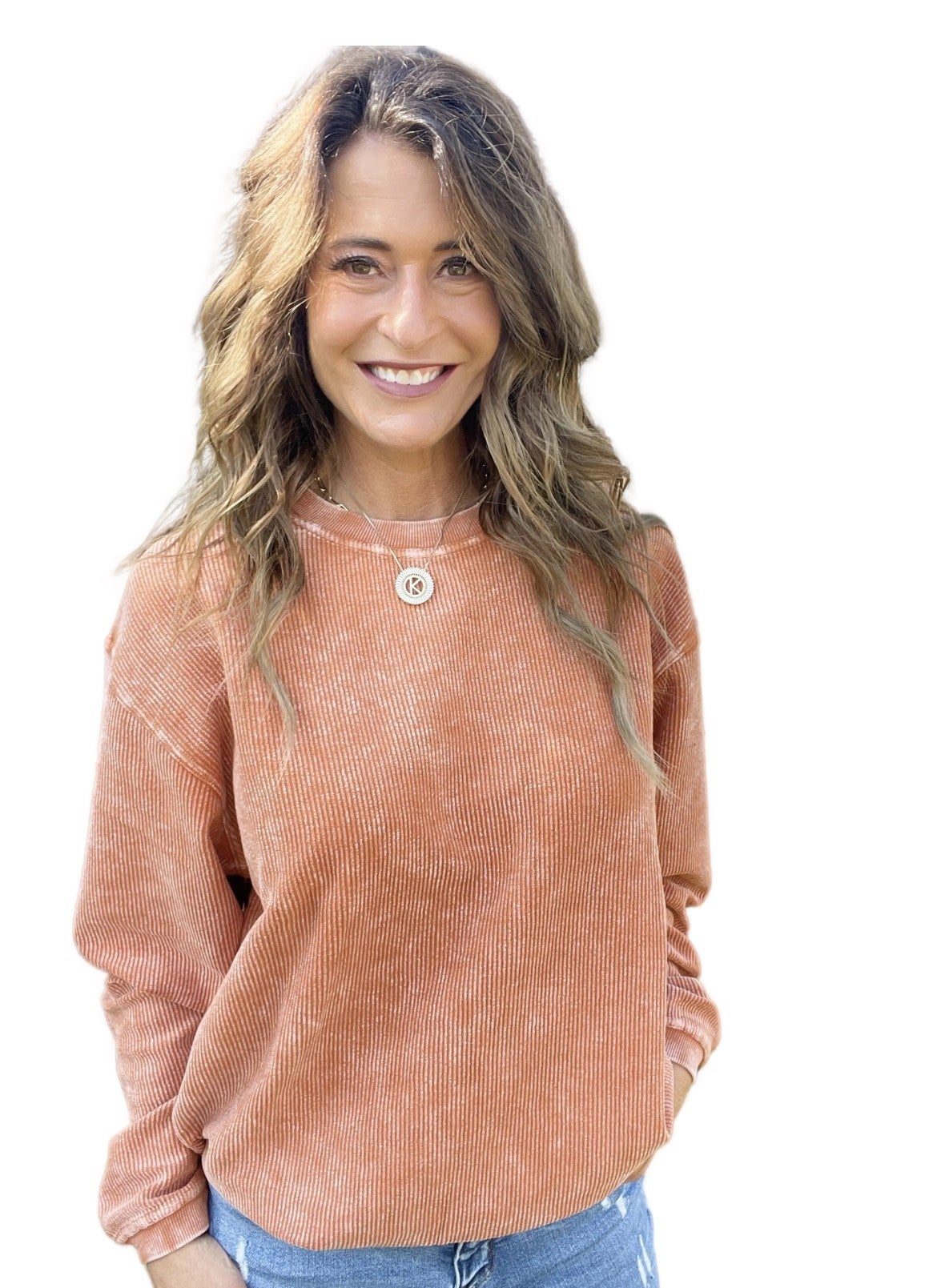 Snow Washed Essential Corded Crew Sweatshirt in Rust