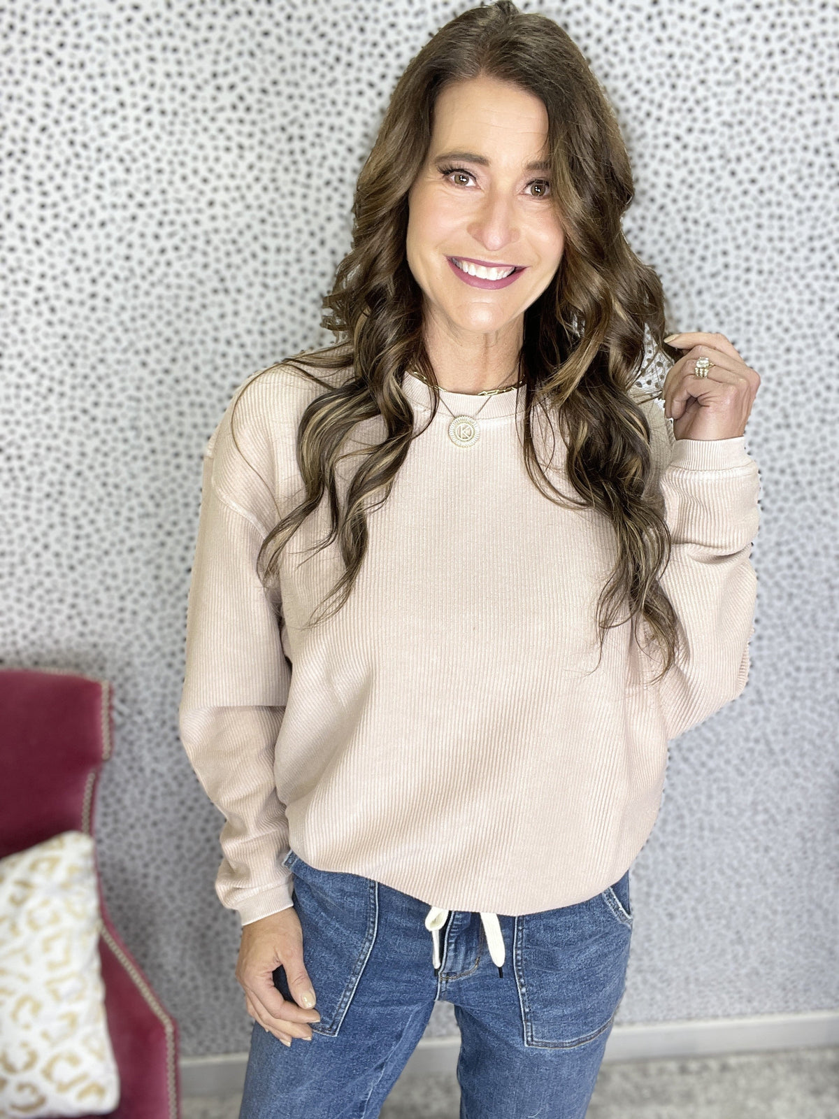 Snow Washed Essential Corded Crew Sweatshirt in Fawn
