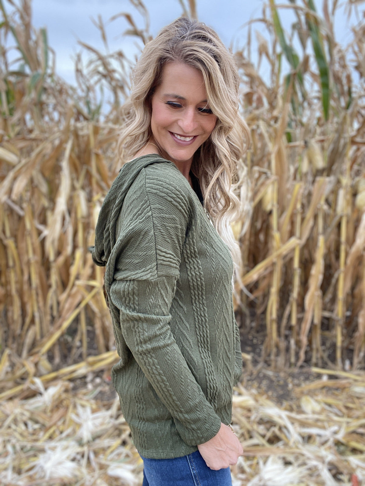 Evergreen And Ivy Textured Quarter Zip Hoodie Top *Final Sale*