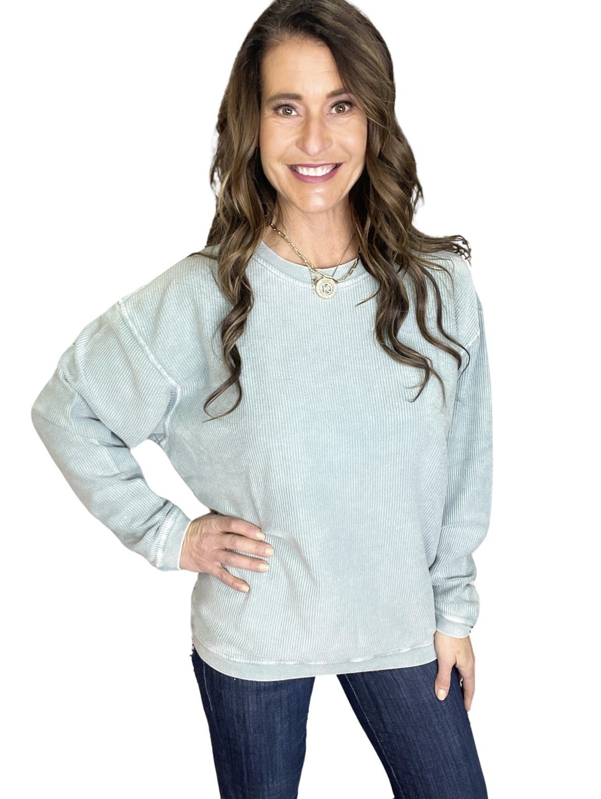 Snow Washed Essential Corded Crew Sweatshirt in Dusty Blue