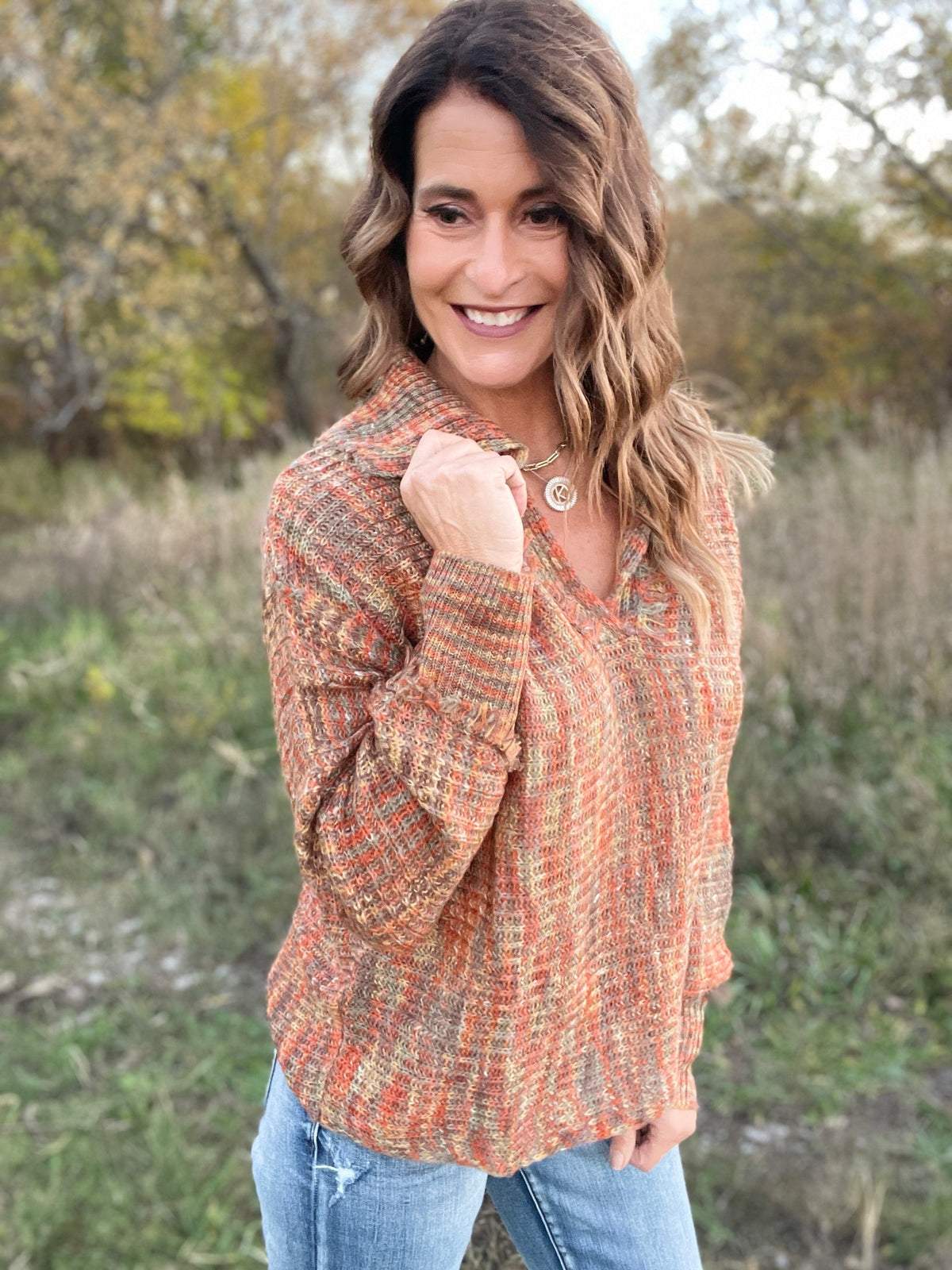 Blissful Amber & Olive V Neck Collared Knit Sweater *Final Sale*