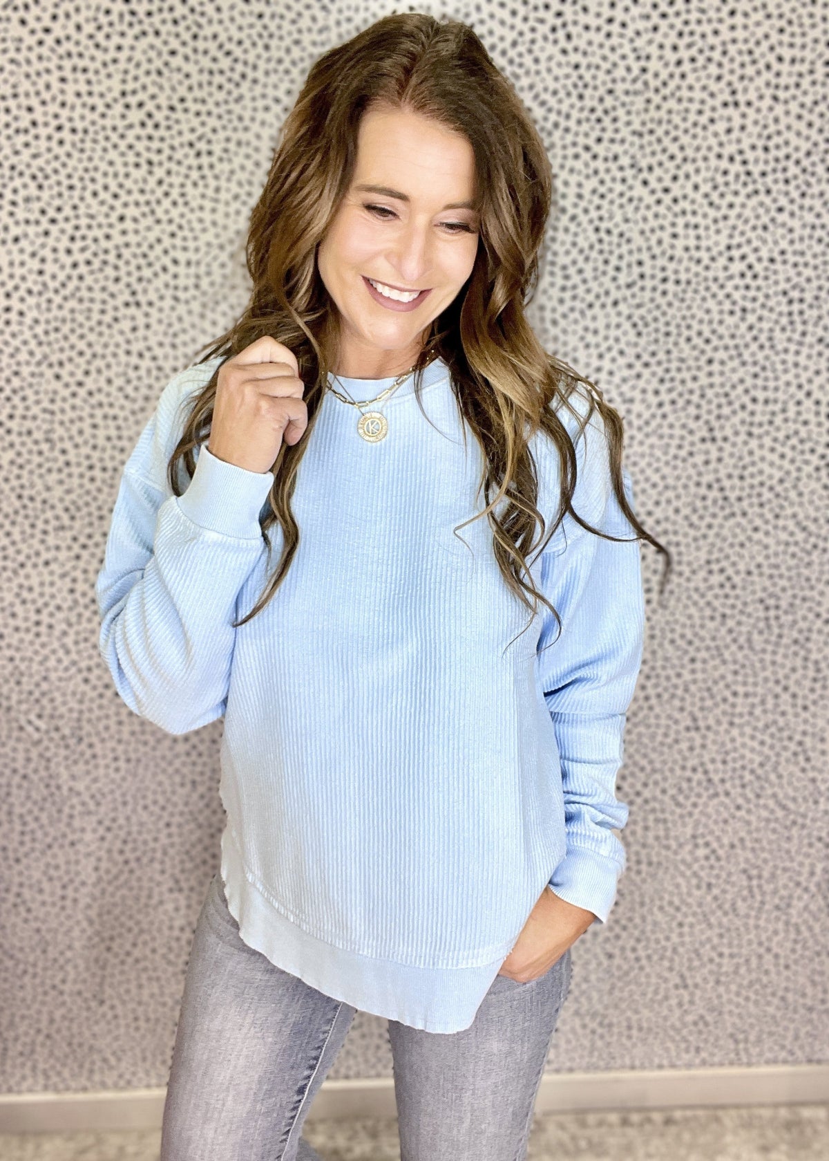 Round Bottom Hem Snow Washed Corded Crewneck In 5 Colors