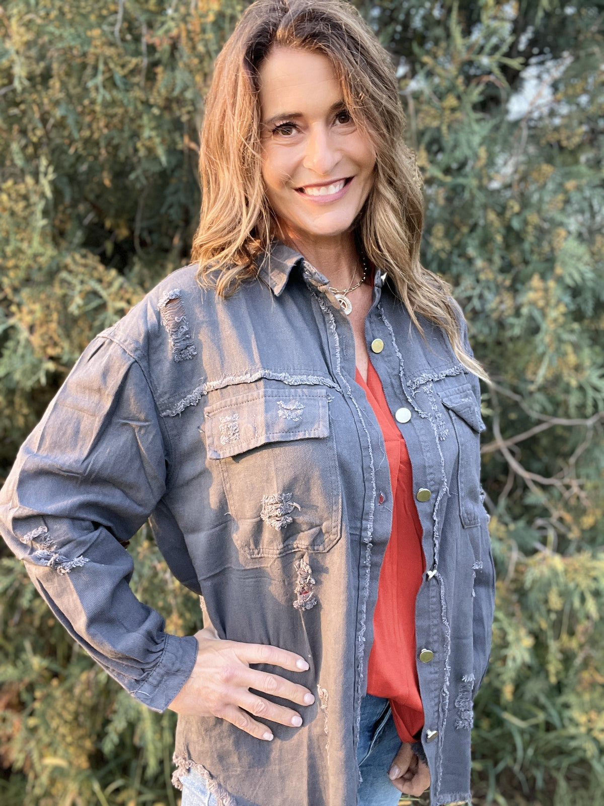 Distracted Measures Distressed Shirt Jacket *Final Sale*