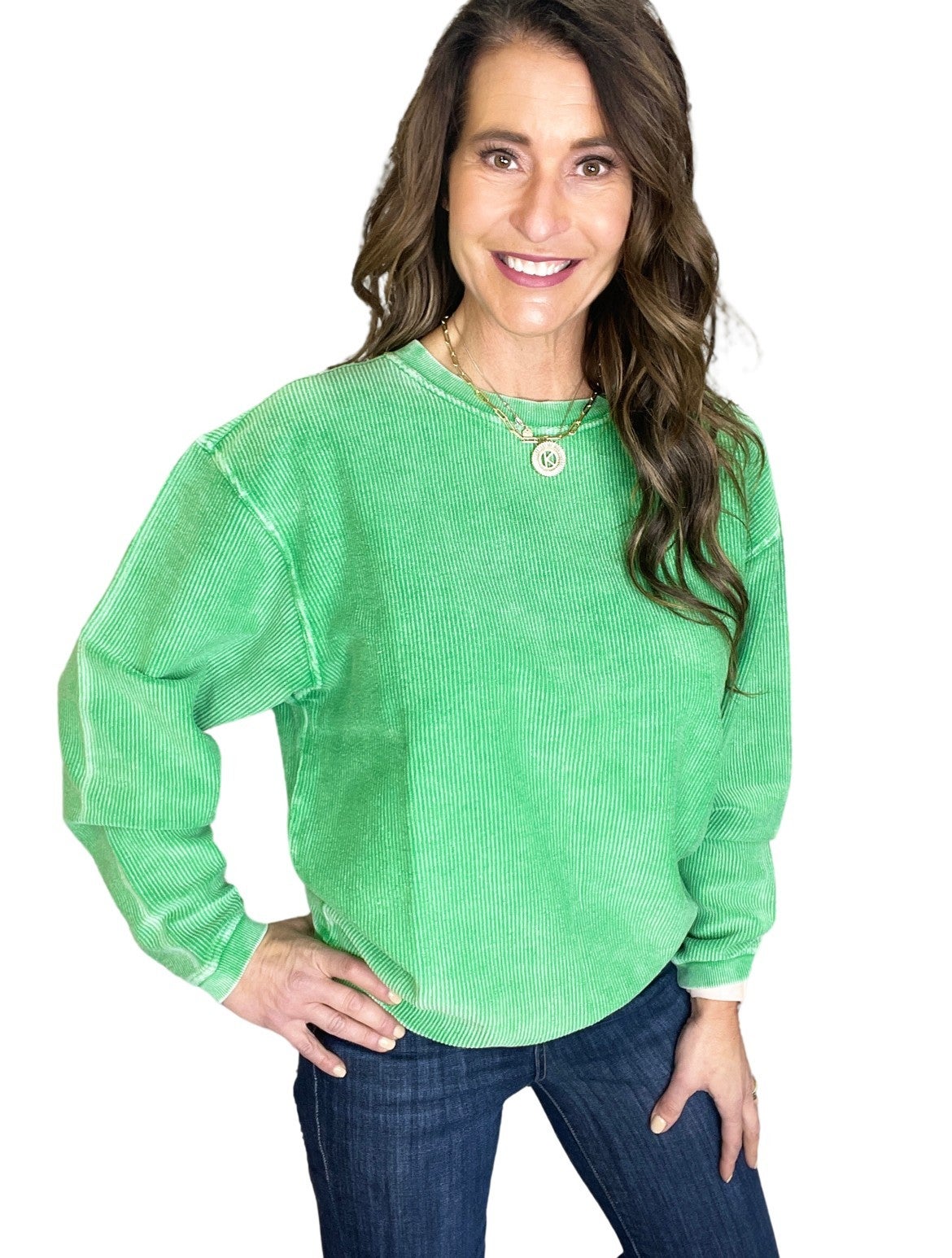 Snow Washed Essential Corded Crew Sweatshirt in Preppy Green
