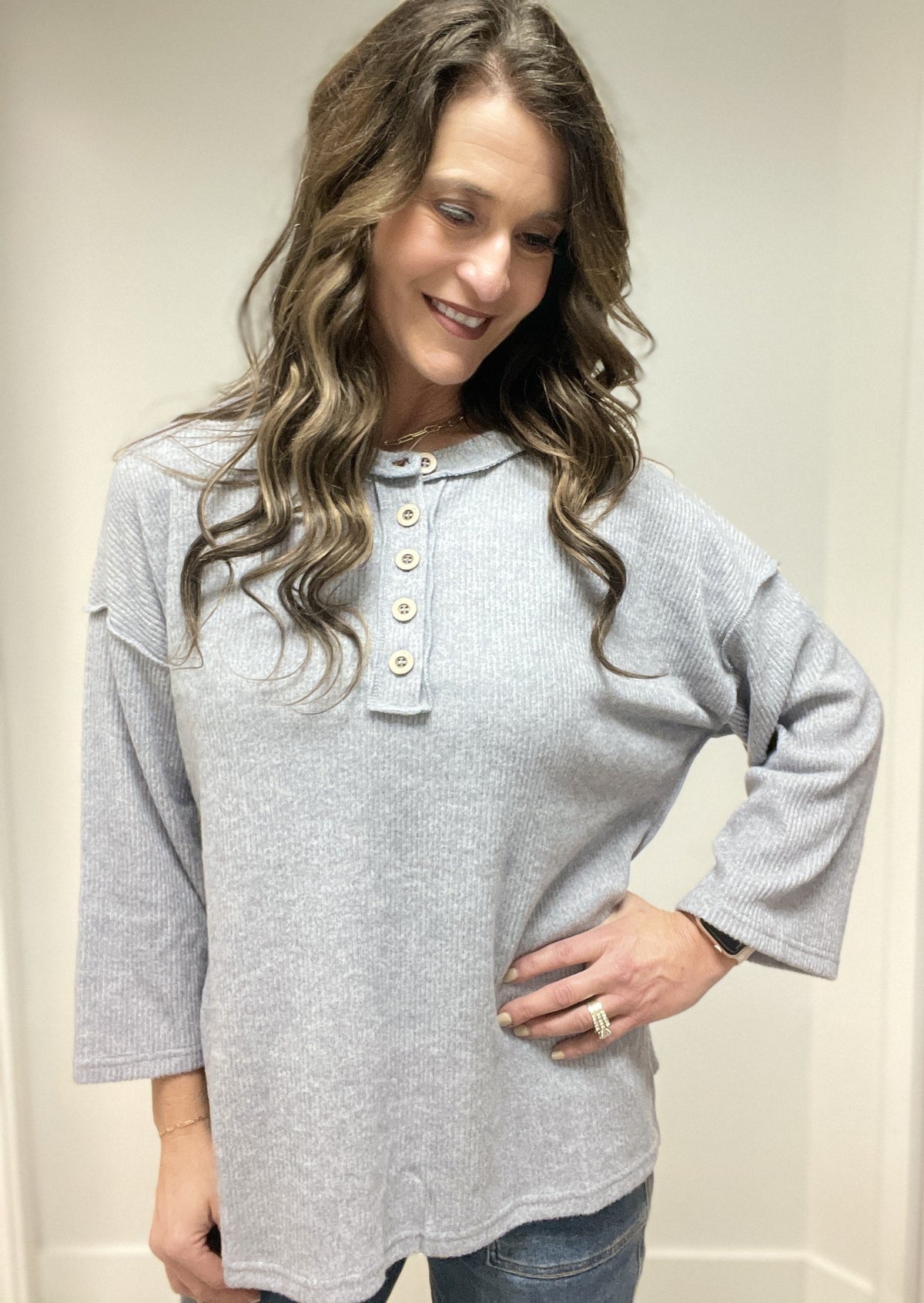 Button Me Up Brushed Ribbed Top in Heather Grey *Final Sale*