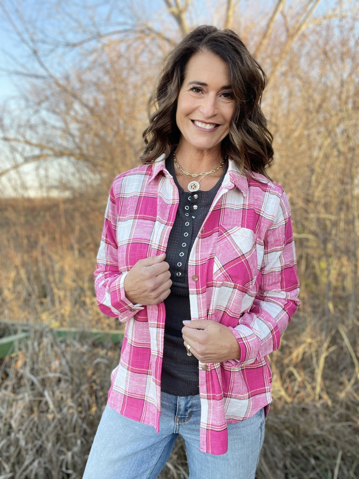 We Got You Plaid Button Up Shirt In 4 Colors: Pink, Camel, Teal, Purple *Final Sale*