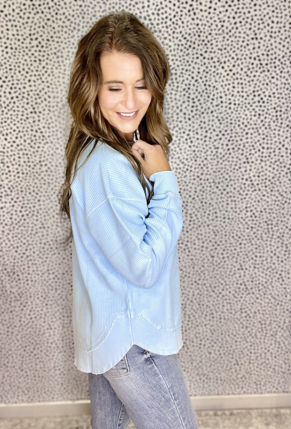 Round Bottom Hem Snow Washed Corded Crewneck In 5 Colors