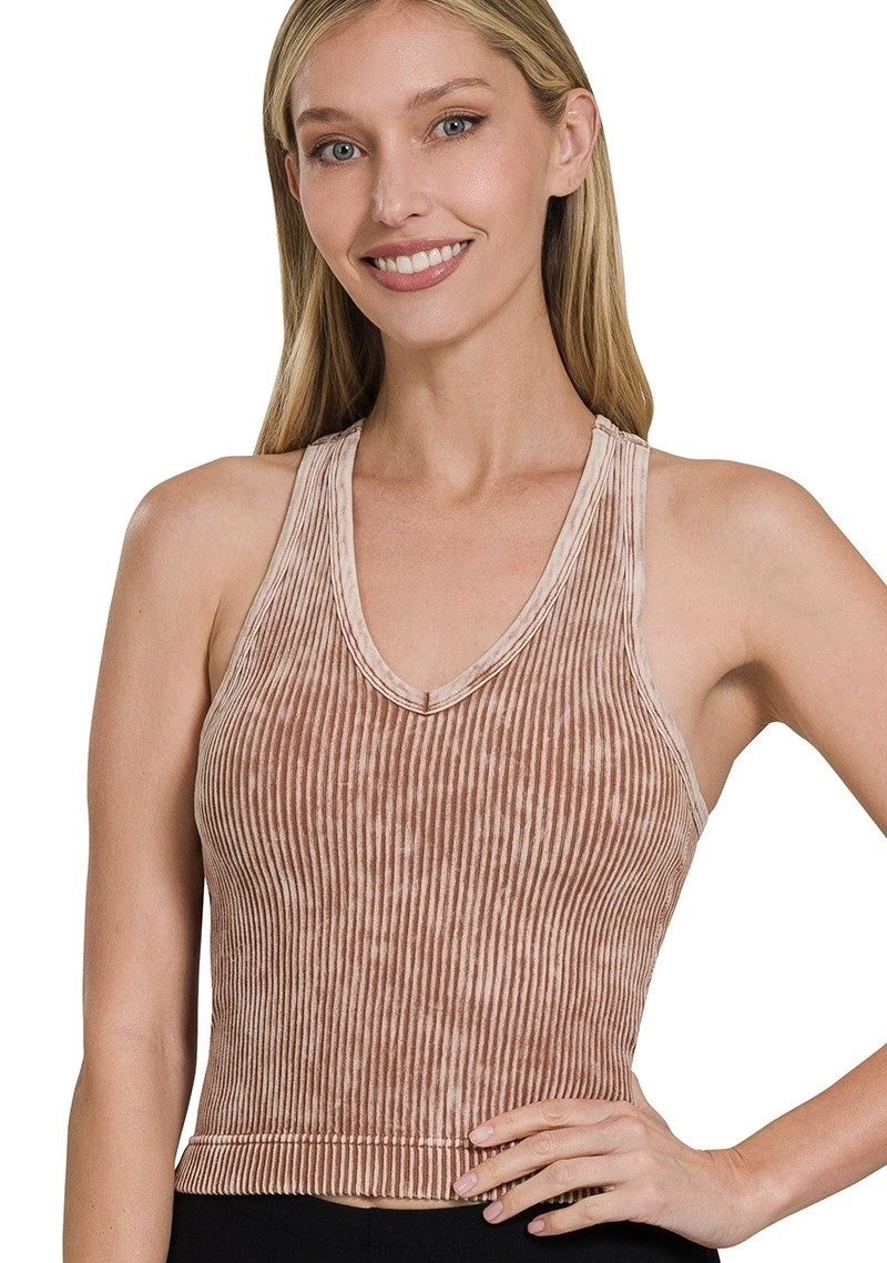Mineral Wash Ribbed Padded Bra V-Neck Tank Top 4 Colors