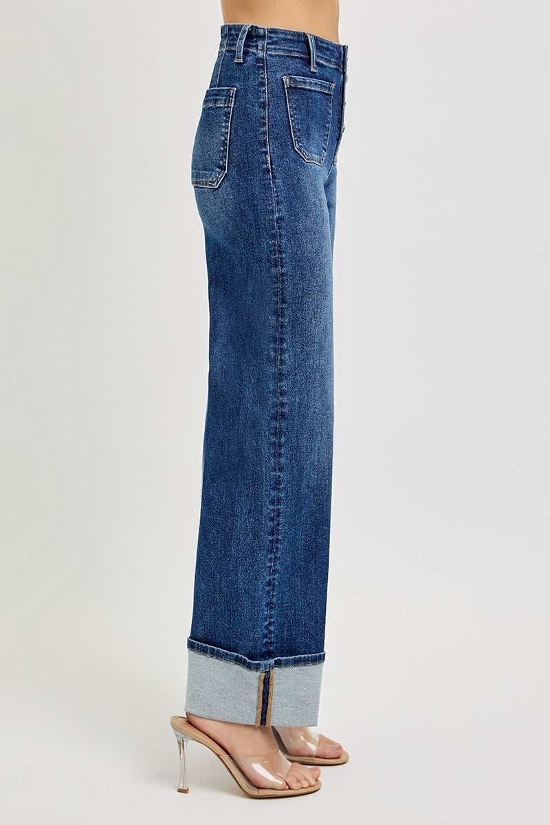 Risen Cindy High Rise Wide Bottom Button Down Front Patch Pocket Cuffed Jeans 965