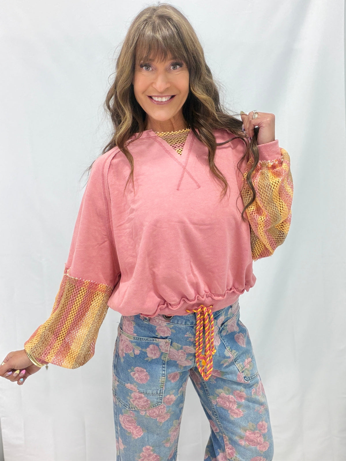 Oli & Hali Sunset Daydream Mesh Sleeved Pullover In Pink