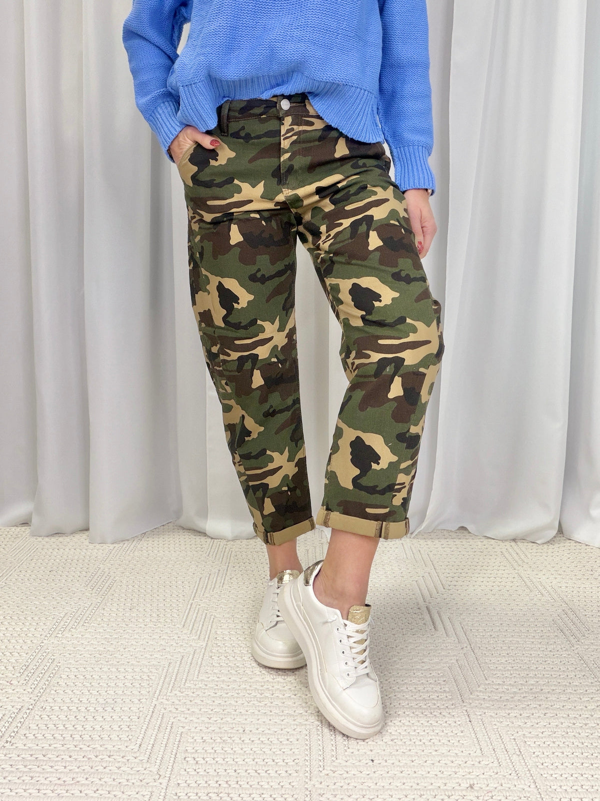 Risen Brinley Camo High Rise Ankle Barrel Double Roll Up Jeans