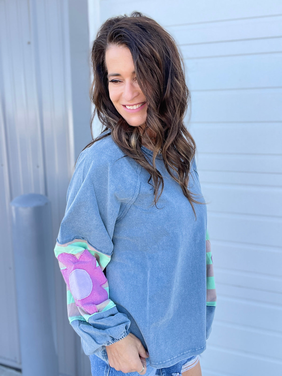Faded Floral Patch Terry Knit Mineral Washed Long Sleeve Pullover in 4 Colors