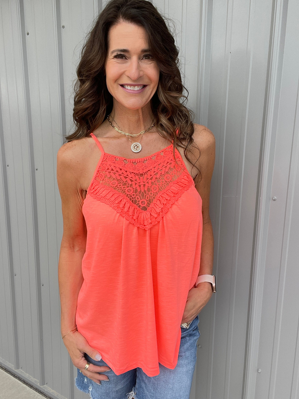 Summer Escape Lace Front Adjustable Strap Tank Top In 4 Colors: Coral Pink, Oatmeal, Violet